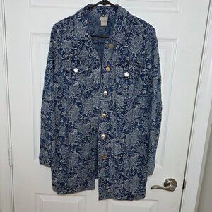 Chicos 2 Womens 12/14 Jean Jacket Denim Floral Print Mid Length